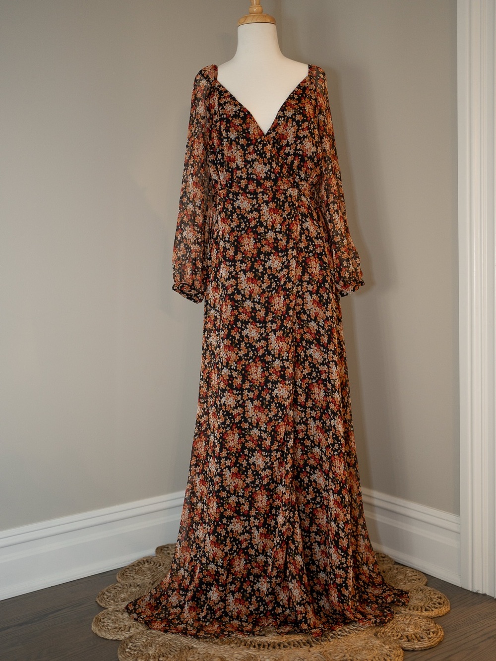 Lulu's Rust Floral Maxi Dress with Black and Cream Accents